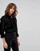 Lost Ink Blouse In Sheer Fabric With Faux Fur Trim - Black