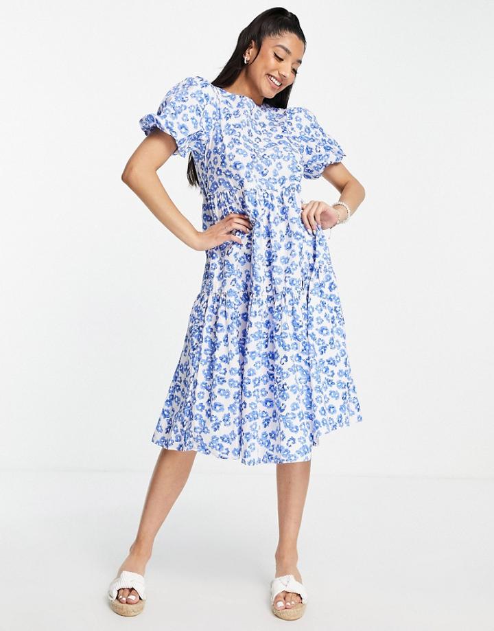 Glamorous Tiered Midi Smock Dress In Blue Floral-white