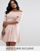 Asos Curve Deep Bardot Skater Mini Dress With 3/4 Length Sleeve - Pink