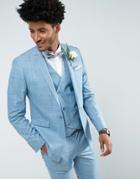 Asos Wedding Skinny Suit Jacket In Crosshatch Nep In Light Blue With Floral Print Lining - Blue