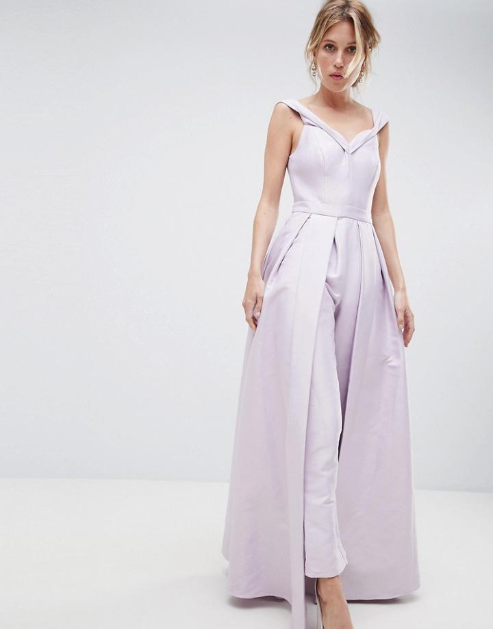 True Decadence Premium Bardot Tailored Jumpsuit With Skirt Cape Detail - Purple