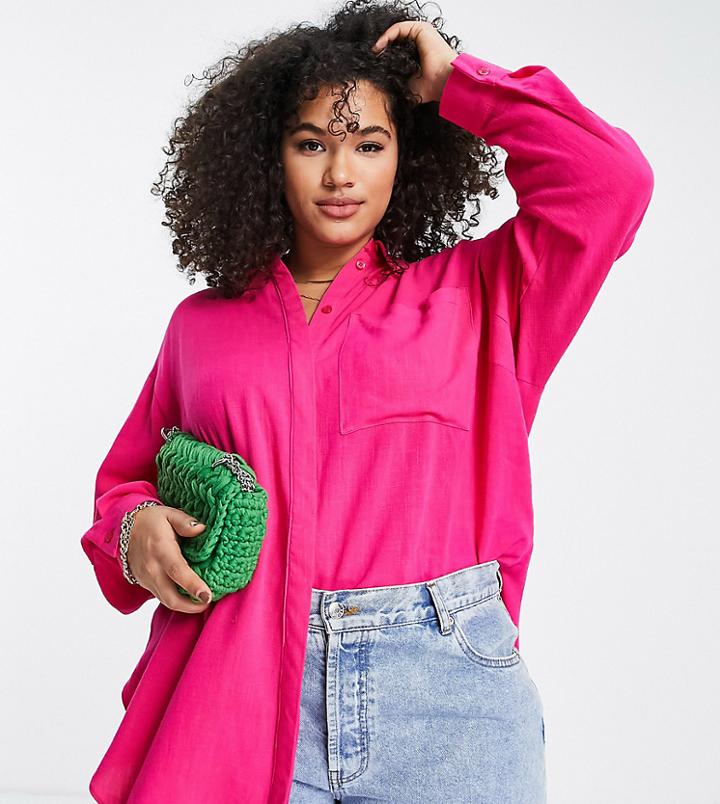 Asos Design Curve Longline Oversized Shirt In Textured Bright Pink