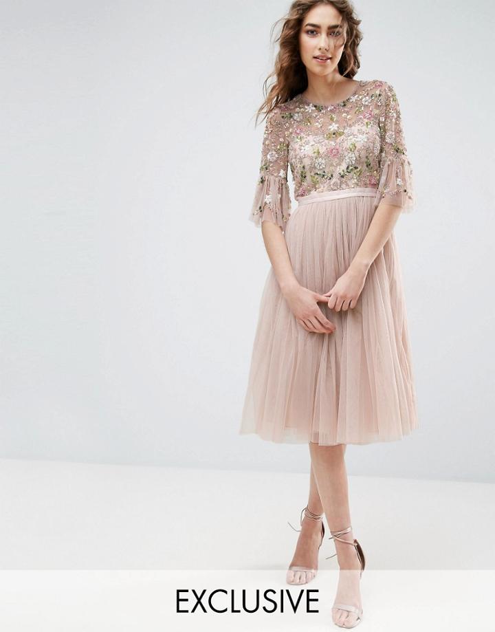 Needle And Thread Ruffle Sleeve Midi Dress With Floral Embroidery - Pink