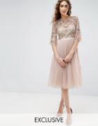 Needle And Thread Ruffle Sleeve Midi Dress With Floral Embroidery - Pink