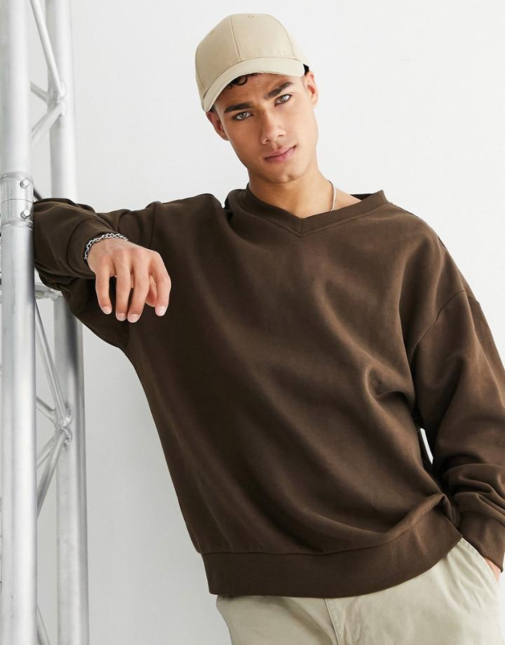 Weekday Oversized V-neck Sweatshirt-brown