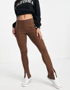 Topshop Ribbed Flared Legging With Zip Front Split Hem In Brown