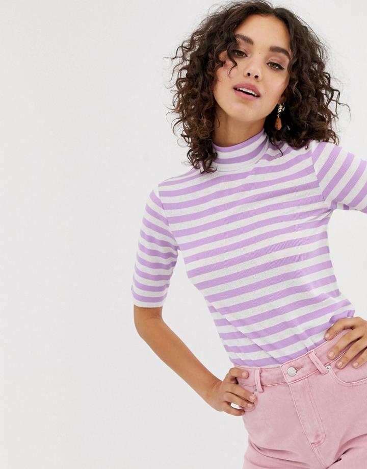 Pieces High Neck Stripe Top-purple