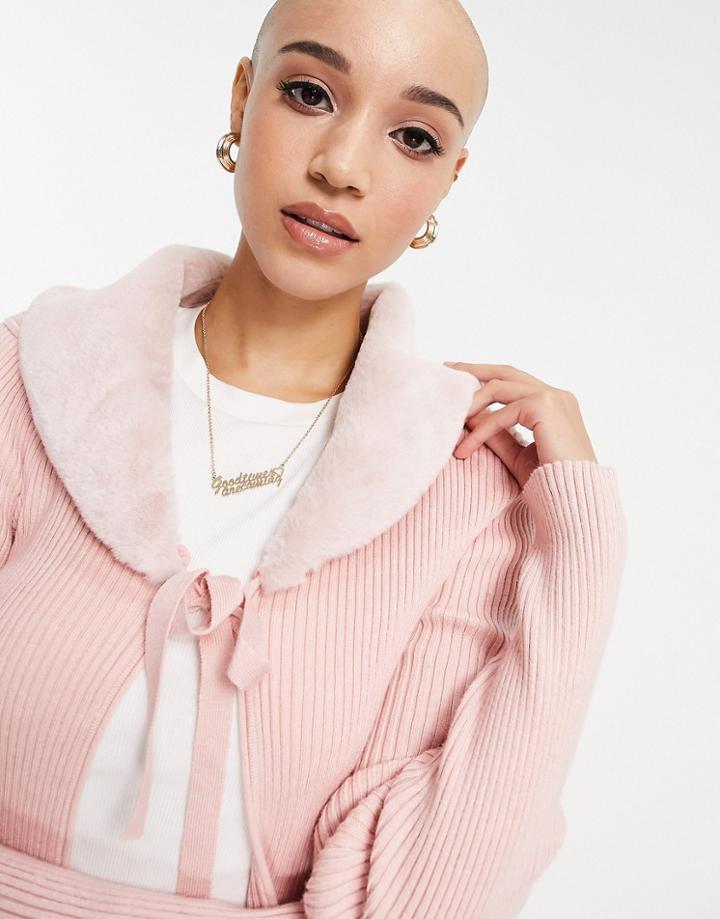 New Look Fur Trim Tie Front Cardigan In Pink