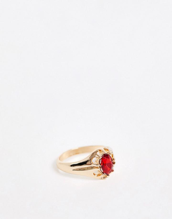 Chained & Able Band Ring With Red Stone In Gold