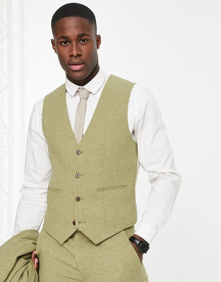 Asos Design Wedding Skinny Wool Mix Suit Vest In Sage Basketweave Texture-green