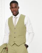 Asos Design Wedding Skinny Wool Mix Suit Vest In Sage Basketweave Texture-green