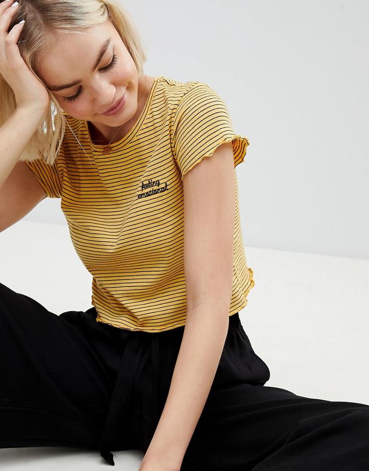 Pull & Bear 'feeling Emotional' Logo Crop Top In Yellow - Yellow