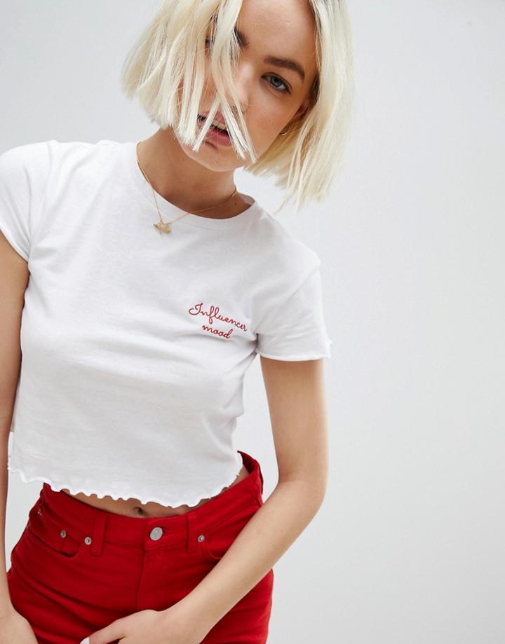 Pull & Bear 'influencer Mood' Logo Crop Top With Frill Edge In White - White