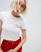Pull & Bear 'influencer Mood' Logo Crop Top With Frill Edge In White - White