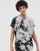 Asos Design Oversized Longline T-shirt With Roll Sleeve In Bleach Wash - Black