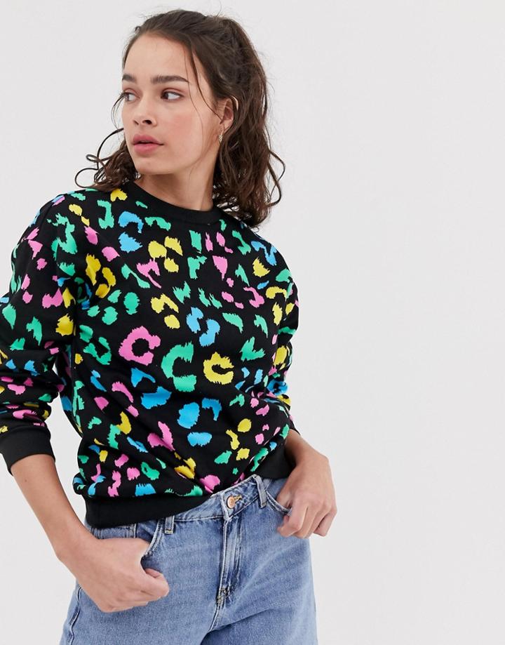 Asos Design Sweatshirt In Bright Animal - Black