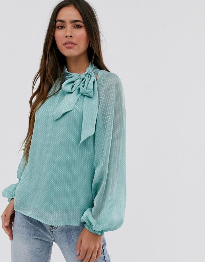 Vila Tie Neck Textured Blouse With Balloon Sleeve-blue