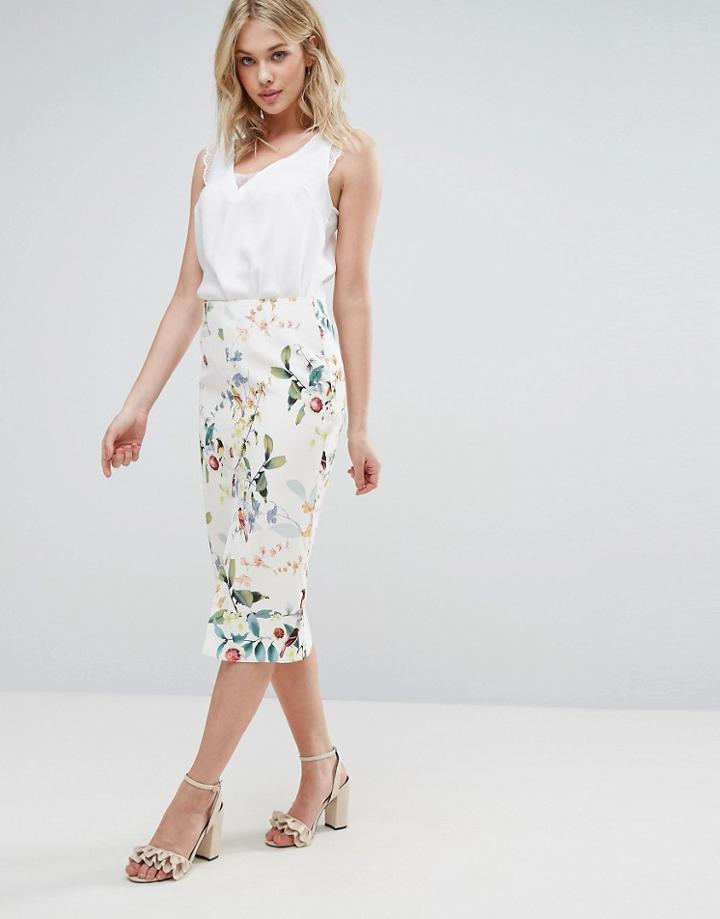 Oasis Bird Print Midi Pencil Skirt - Multi