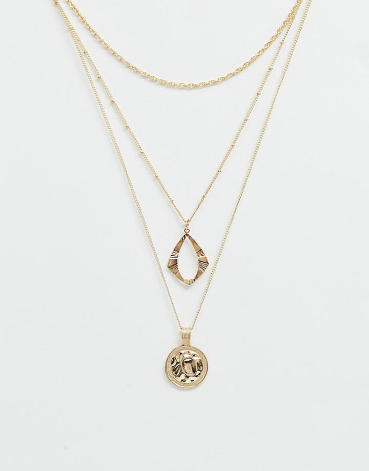 Asos Design Multirow Necklace With Vintage Style Engraved And Coin Pendants In Gold - Gold