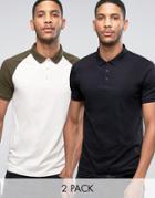 Asos 2 Pack Polo Shirt With Contrast Raglan Sleeve And Plain Black - M
