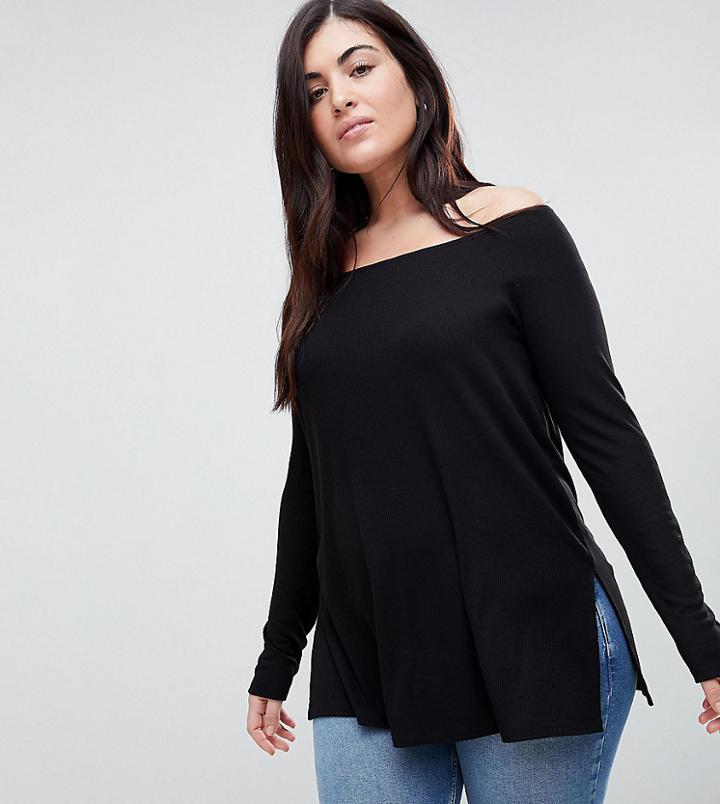 Asos Curve Off Shoulder Top In Longline Slouchy Rib - Black