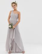Asos Design Bridesmaid Soft Layer Maxi Dress With One Shoulder Pleated Bodice-gray