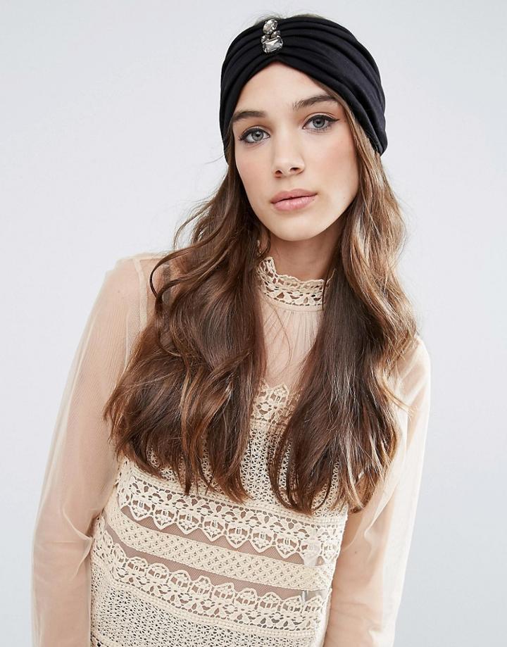 Asos Premium Pleated Embellished Turban Headband - Black