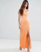 Club L Bardot Crepe Detail Maxi Dress With Front Split - Orange