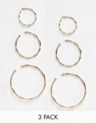Asos Design Pack Of 3 Hoop Earrings In Vintage Style Bamboo Design In Gold Tone - Gold