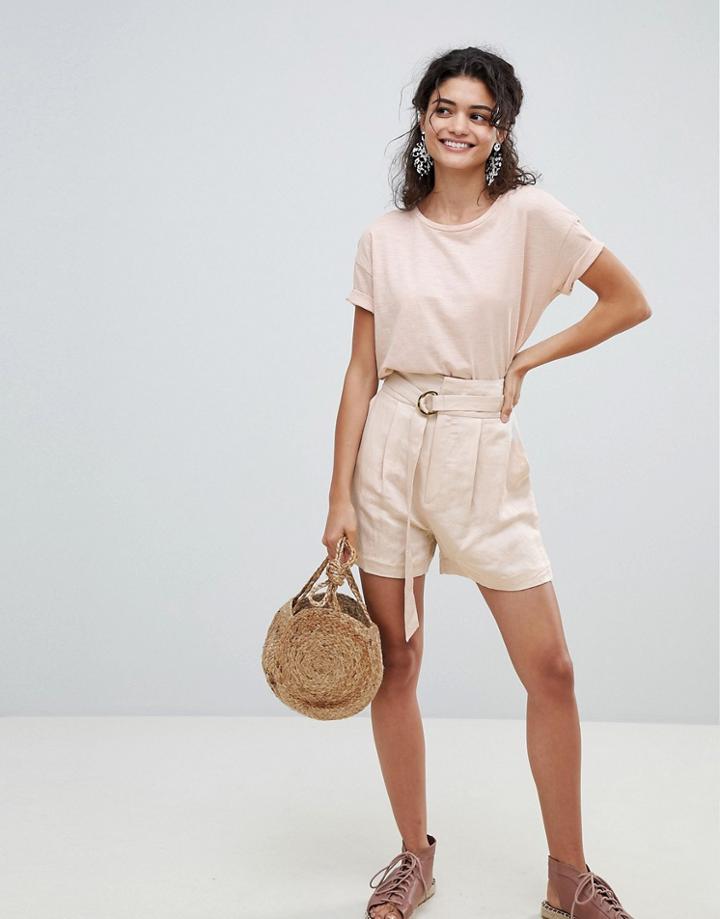 Mango Linen Tie Waist Resin D Ring Short In Beige - Beige