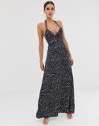 Club L Tie Strap Detail Maxi Dress In All Over Print-navy