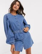 Asos Design Denim Puff Sleeve Retro Belted Mini Dress In Blue