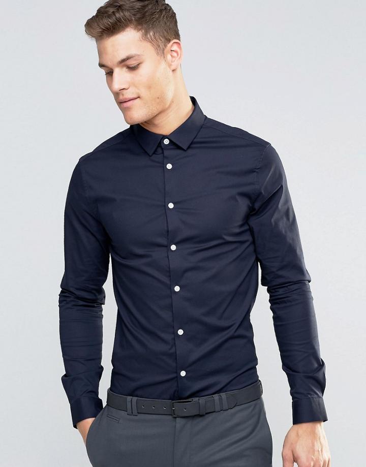Asos Skinny Shirt With Long Sleeves In Navy - Navy
