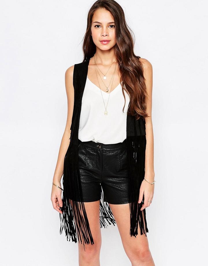 Goldie Run The World Vest In Suedette With Fringed Hem - Black