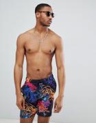 Asos Design Swim Shorts In Black With Sealife Print In Mid Length - Black