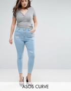 Asos Curve High Waist Ridley Skinny Jean In Hibiscus Light Wash Blue - Blue