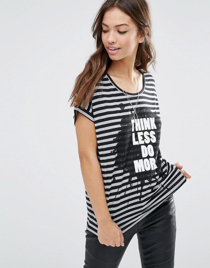 Vero Moda Didie Less Stripe Slogan T-shirt - Light Grey Less