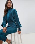 Asos Design Plisse High Neck Balloon Sleeve Open Back Midi Dress-green