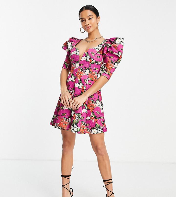 Asos Design Petite Seamed Mini Skater Dress In Black Floral-green