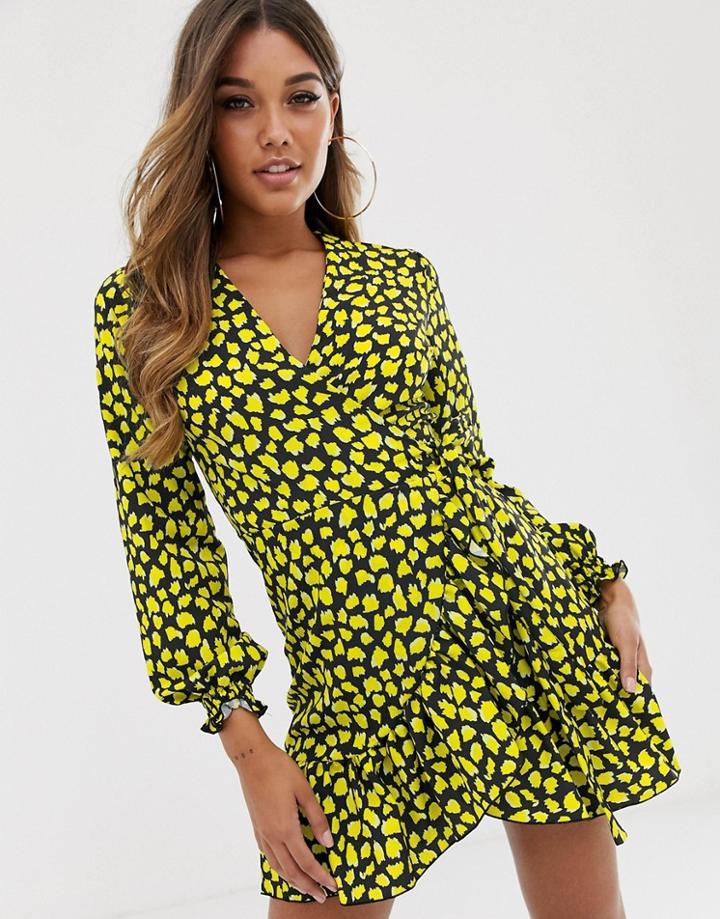 John Zack Frill Wrap Tea Dress In Yellow Splodge Print - Yellow