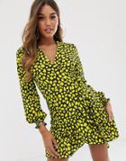 John Zack Frill Wrap Tea Dress In Yellow Splodge Print - Yellow