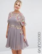Asos Curve Salon Skater Dress With 3d Embellishment - Gray