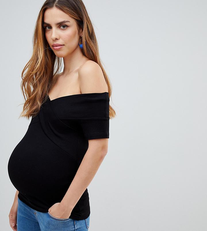 Asos Design Maternity Off Shoulder Fitted Top In Black - Black