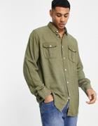 Brave Soul Long Sleeve Linen Mix Shirt In Light Khaki-green