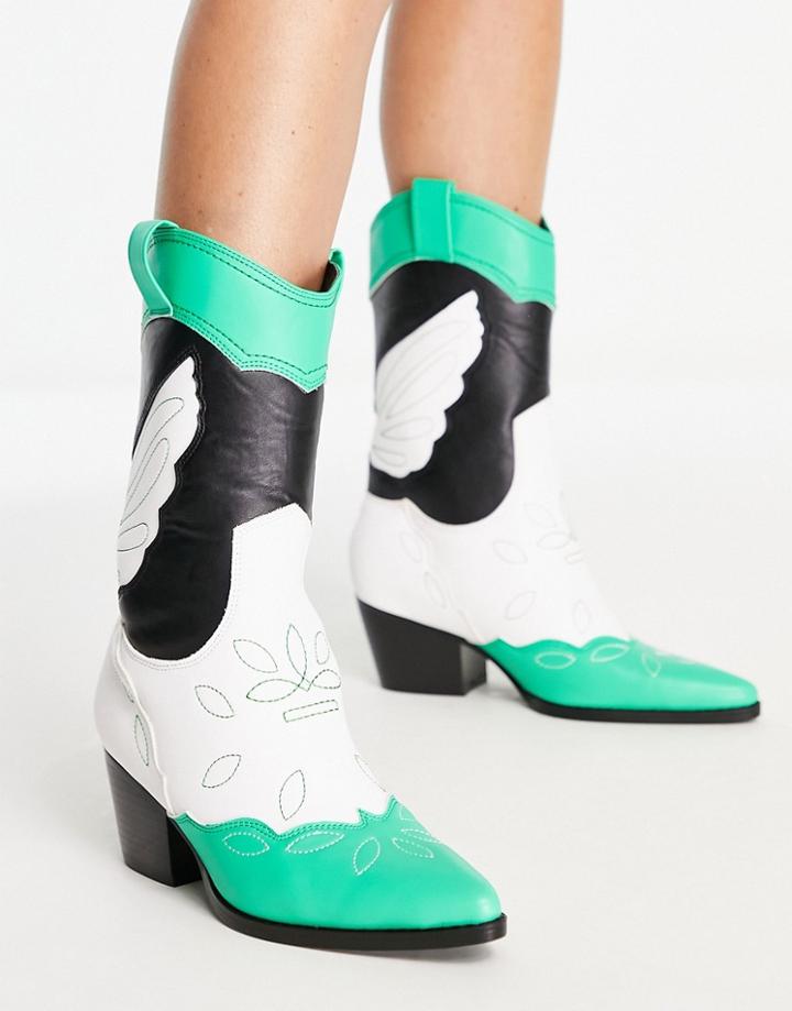 Public Desire Howdy Western Boots In Green Mix