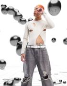 Asos Design Long Sleeve T-shirt With Multi Cut Outs In Cream-white