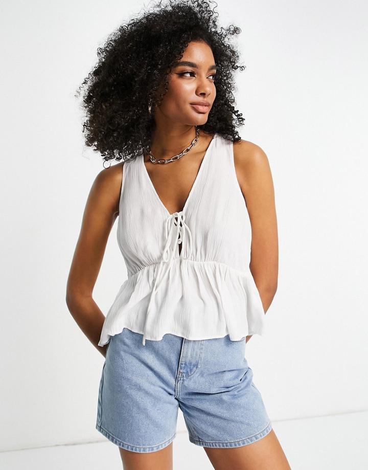 Asos Design Crinkle Cami With Lace Up Front And Peplum Hem In White