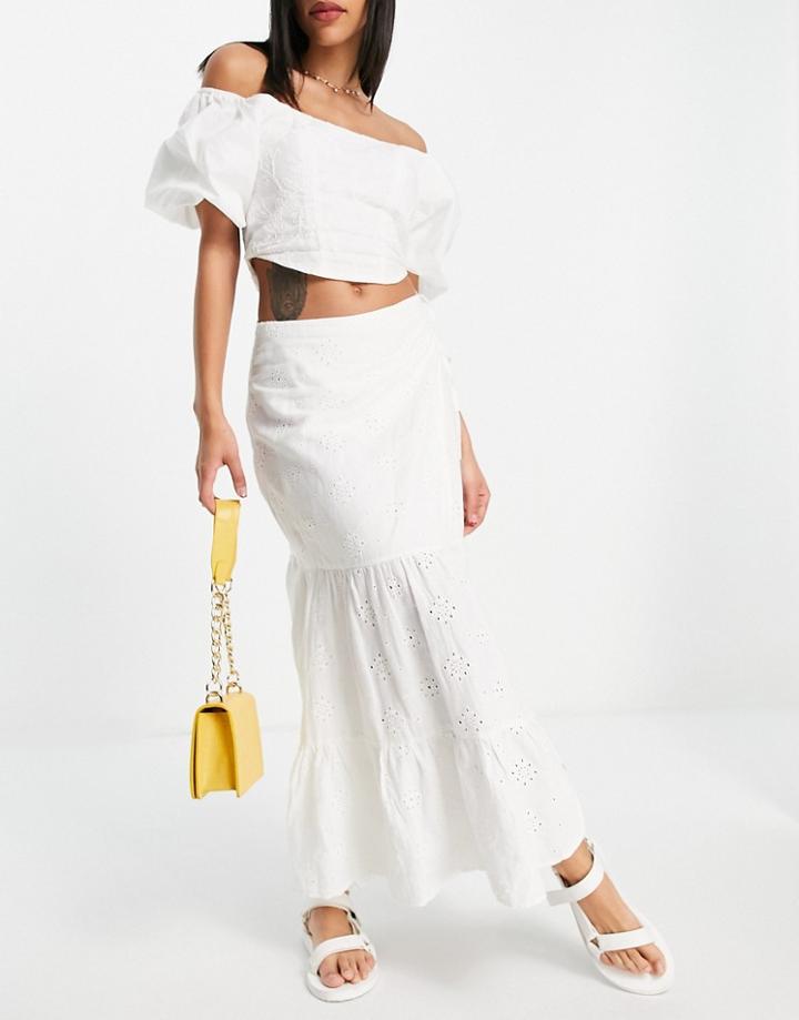 Bardot Tiered Eyelet Midaxi Skirt In Ivory - Part Of A Set-white