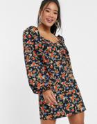 Asos Design Cotton Mini Dress With Puff Sleeves In Ditsy Floral-multi