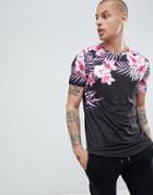 Dfnd Tropical Print Curved Hem T-shirt - Black